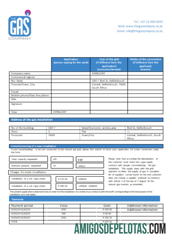 África do Sul The GAS Company Gas Bill, SCR amostra